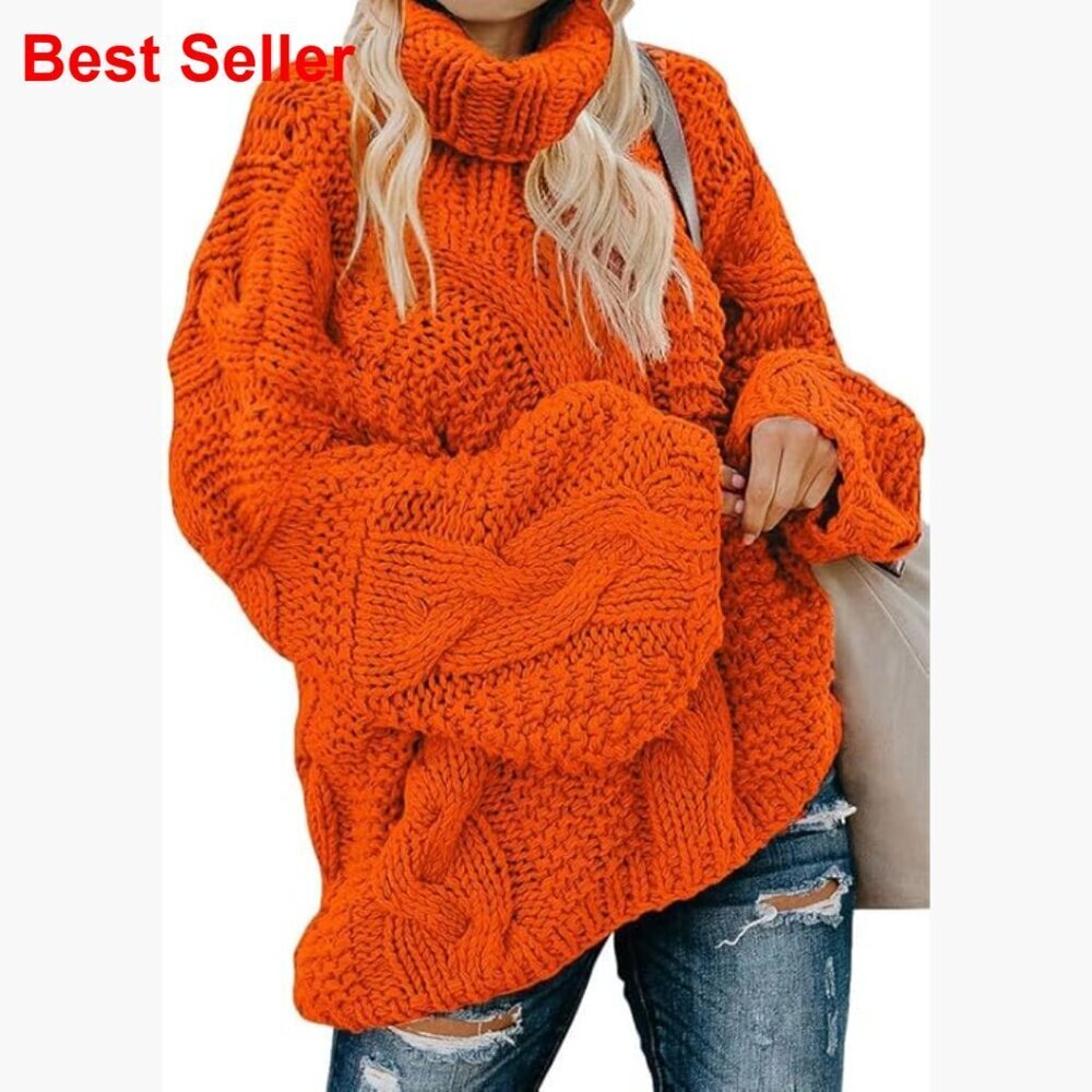 Chunky Cable Knit Turtleneck Sweater Loose Casual Pullover